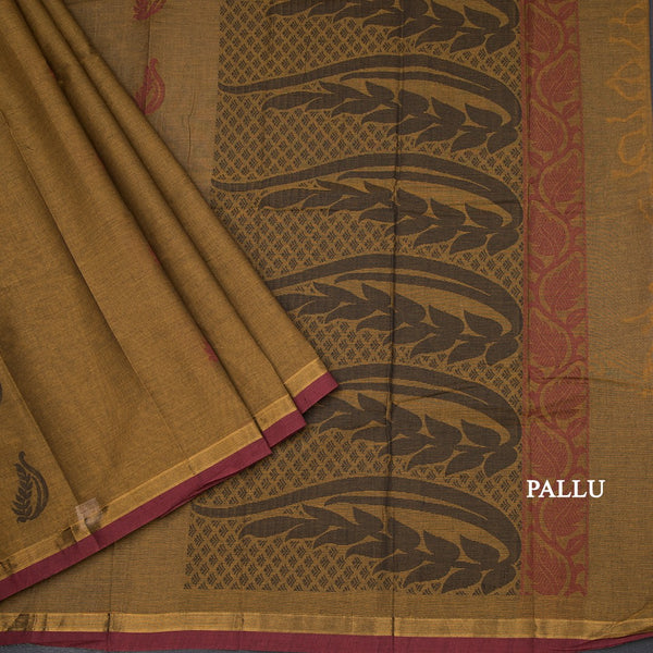 Chettinad Cotton Caramel Brown Thread Work Saree With Contrast Border