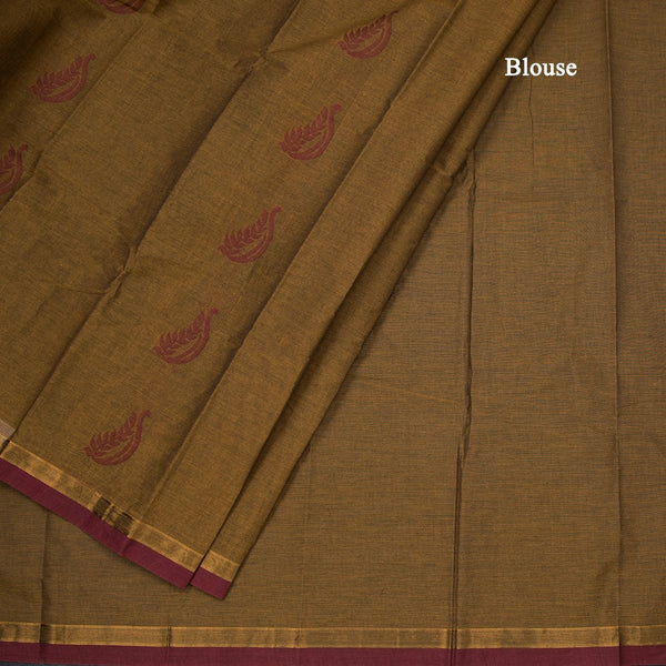 Chettinad Cotton Caramel Brown Thread Work Saree With Contrast Border