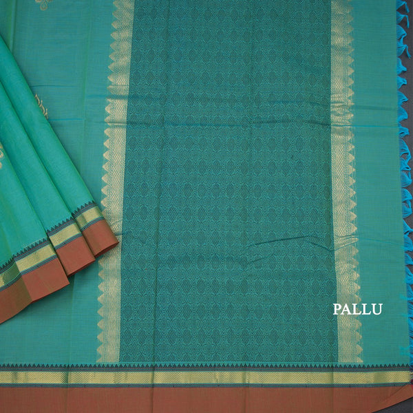 Chettinad Cotton Emerald Green Thread Work Saree With Contrast Border