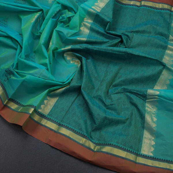 Chettinad Cotton Emerald Green Thread Work Saree With Contrast Border