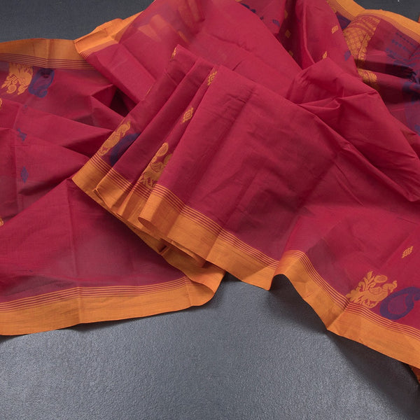 Chettinad Cotton Red Thread Work Saree With Contrast Border