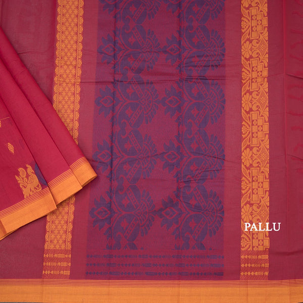 Chettinad Cotton Red Thread Work Saree With Contrast Border