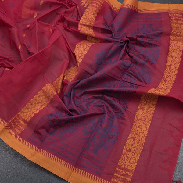 Chettinad Cotton Red Thread Work Saree With Contrast Border
