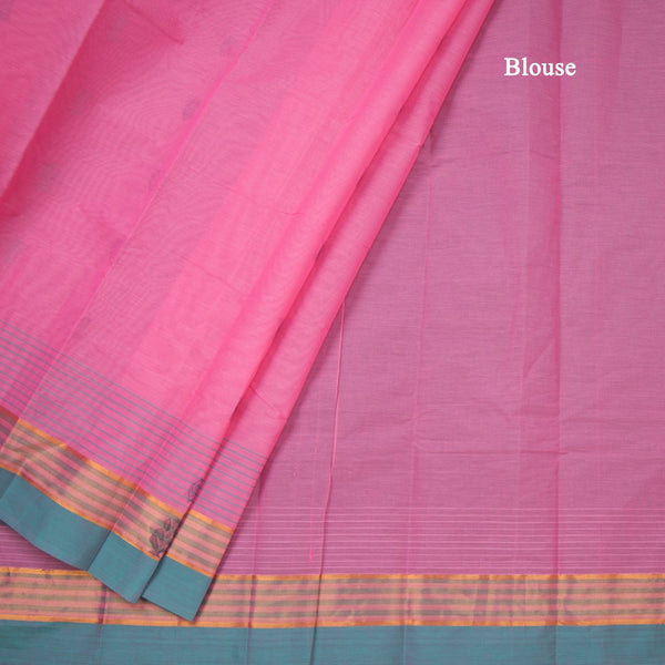 Chettinad Cotton Taffy Pink Thread Work Saree With Contrast Border