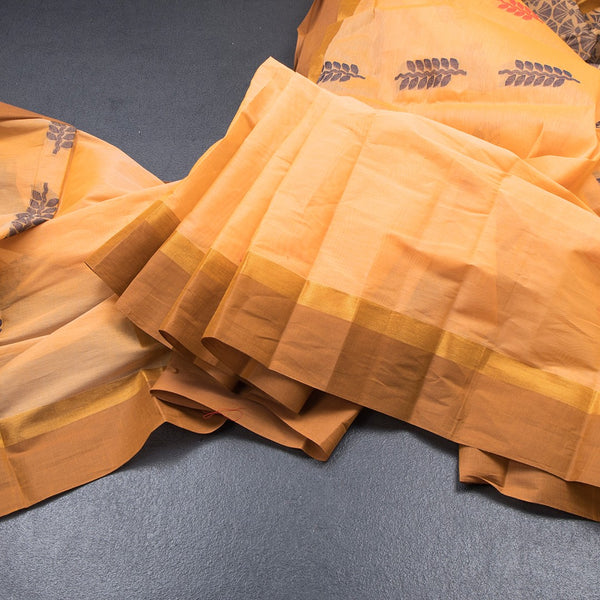 Chettinad Cotton Pastel Orange Thread Work Saree With Contrast Border