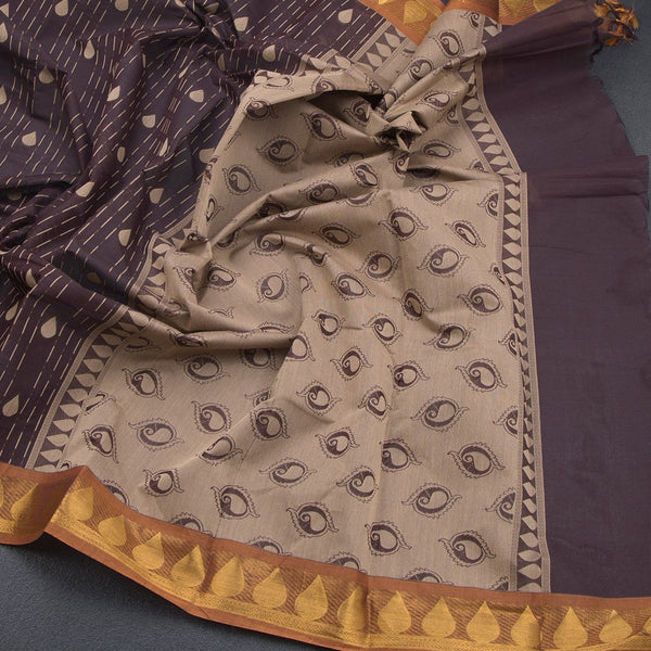 Chettinad Cotton Dark Brown Thread Work Saree With Contrast Border