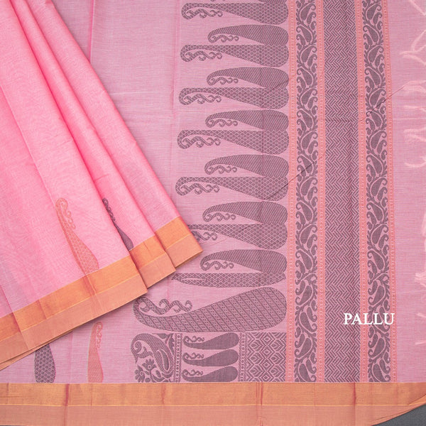 Chettinad Cotton Pink Thread Work Saree With Contrast Border