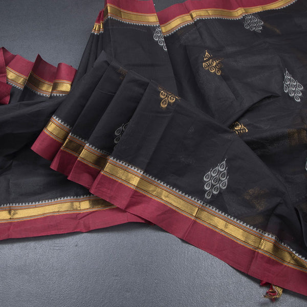 Chettinad Cotton Black Thread Work Saree With Contrast Border