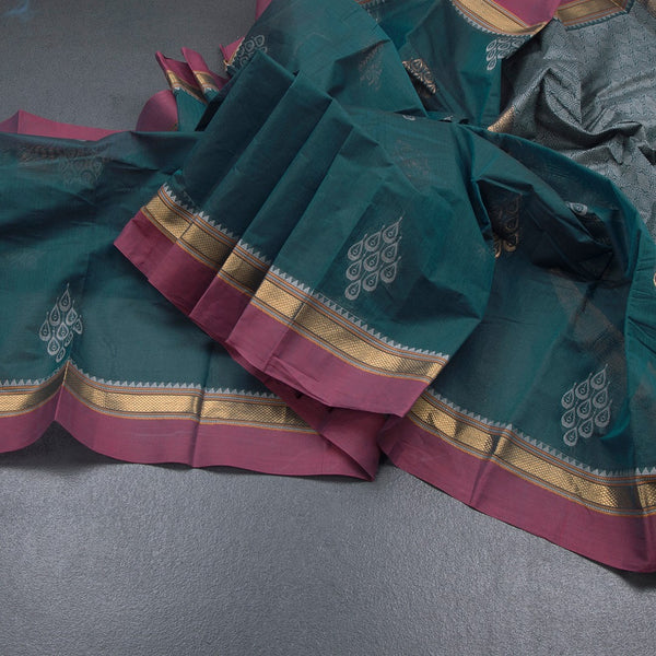 Chettinad Cotton Dark Green Thread Work Saree With Contrast Border