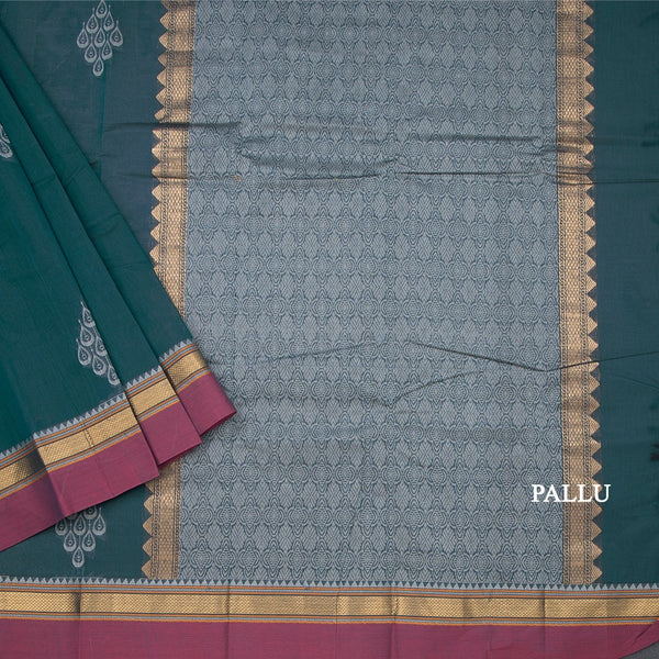 Chettinad Cotton Dark Green Thread Work Saree With Contrast Border