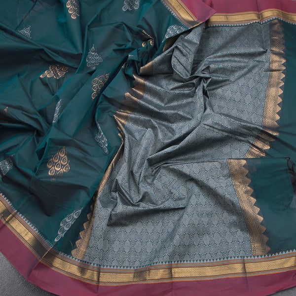 Chettinad Cotton Dark Green Thread Work Saree With Contrast Border