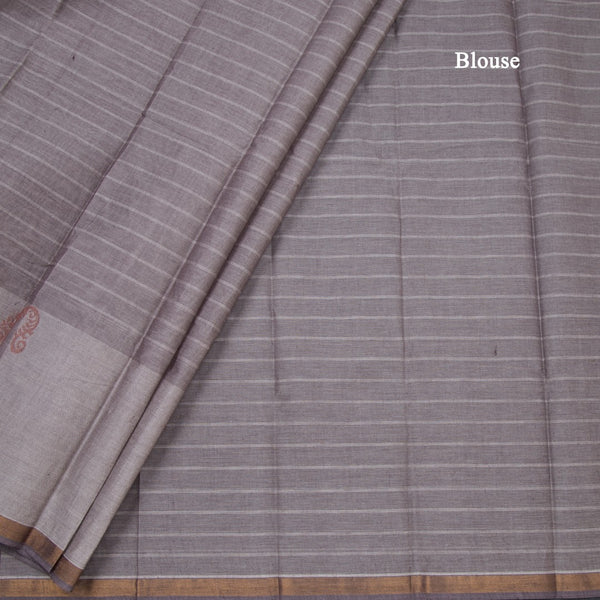 Chettinad Cotton Light Grey Thread Work Saree With Contrast Border