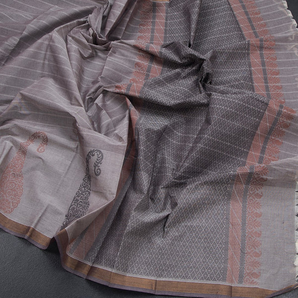 Chettinad Cotton Light Grey Thread Work Saree With Contrast Border