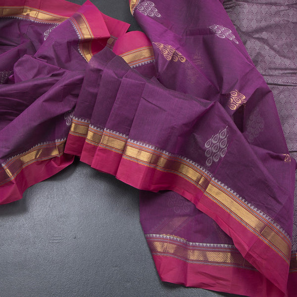 Chettinad Cotton Purple Thread Work Saree With Contrast Border