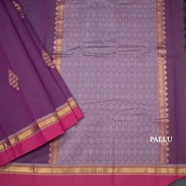 Chettinad Cotton Purple Thread Work Saree With Contrast Border