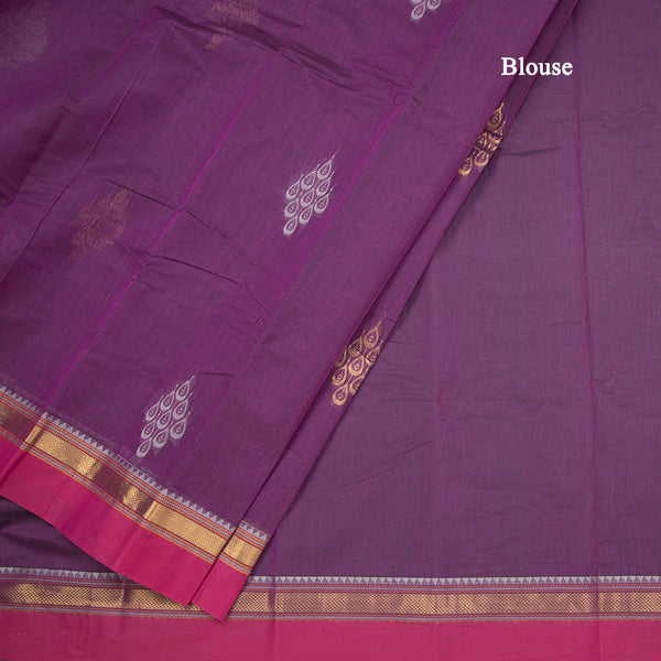 Chettinad Cotton Purple Thread Work Saree With Contrast Border