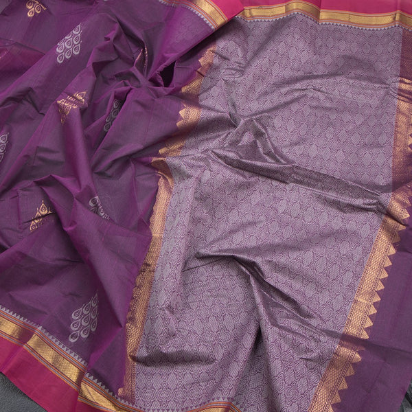 Chettinad Cotton Purple Thread Work Saree With Contrast Border