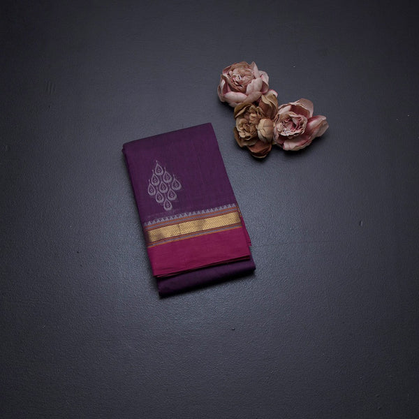 Chettinad Cotton Purple Thread Work Saree With Contrast Border