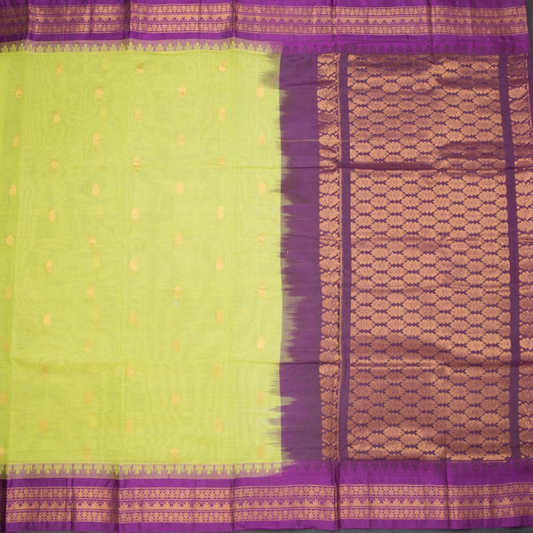 Gadwal Cotton Lime Green Saree With Zari Buttas And Temple Border Without Blouse