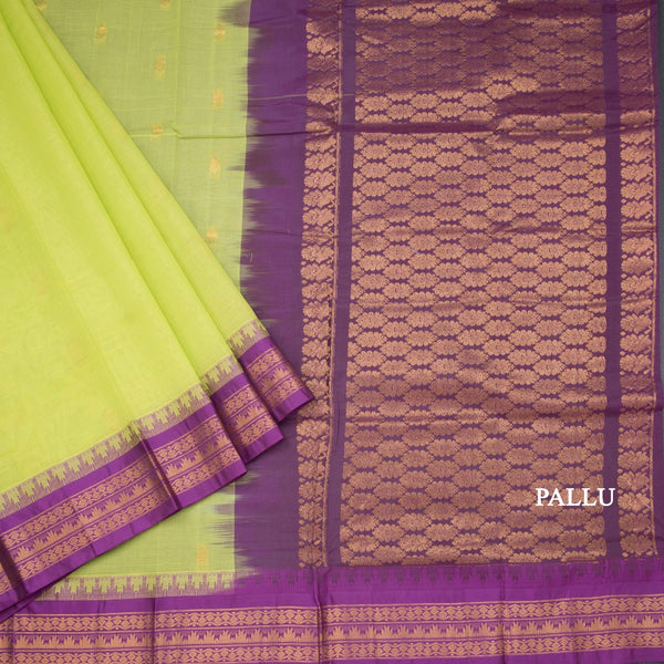 Gadwal Cotton Lime Green Saree With Zari Buttas And Temple Border Without Blouse