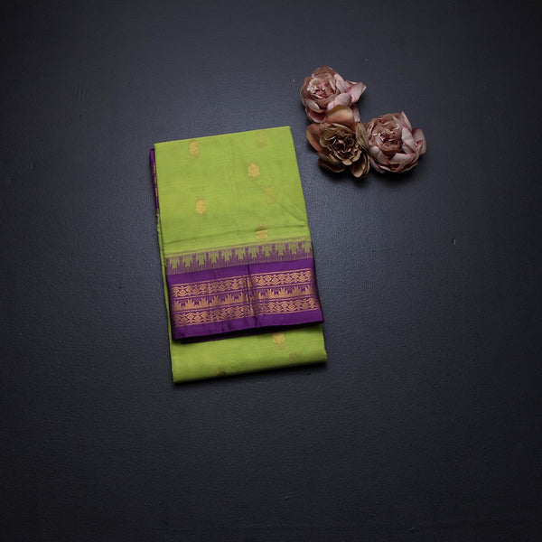 Gadwal Cotton Lime Green Saree With Zari Buttas And Temple Border Without Blouse