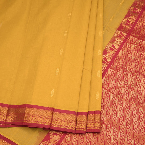 Gadwal Cotton Mustard Yellow Saree With Zari Buttas And Zari Border Without Blouse