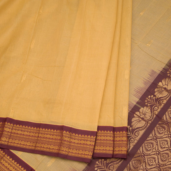 Gadwal Cotton Dark Sandal Saree With Zari Buttas And Zari Border Without Blouse