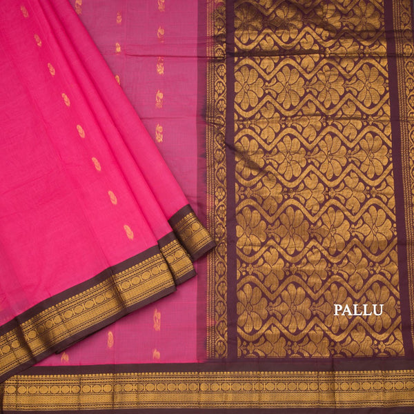 Gadwal Cotton Rose Pink Saree With Zari Buttas And Zari Border Without Blouse