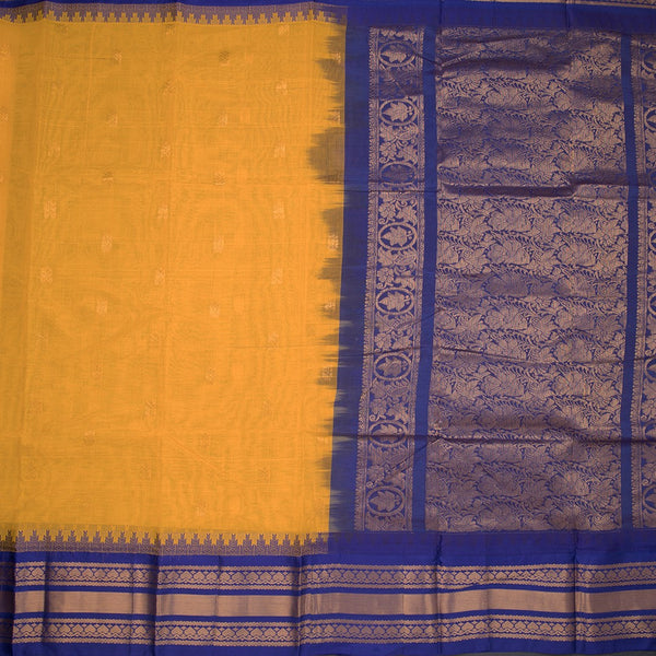Gadwal Cotton Mango Yellow Saree With Zari Buttas And Temple Border Without Blouse