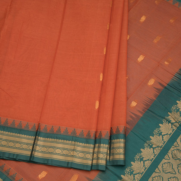 Gadwal Cotton Rust Orange Saree With Zari Buttas And Temple Border Without Blouse