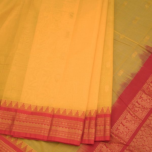 Gadwal Cotton Mango Yellow Saree With Zari Buttas And Temple Border Without Blouse 02