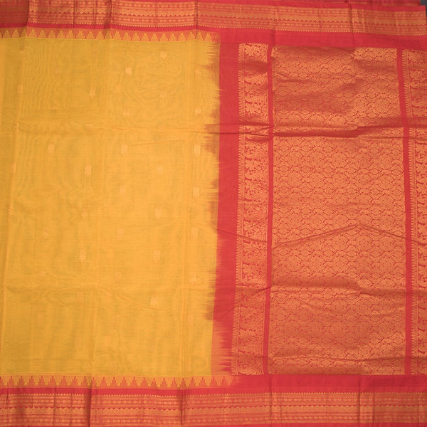 Gadwal Cotton Mango Yellow Saree With Zari Buttas And Temple Border Without Blouse 02