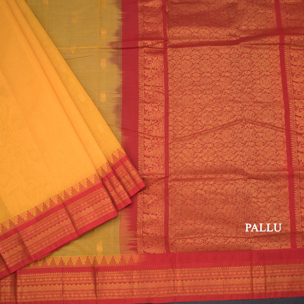 Gadwal Cotton Mango Yellow Saree With Zari Buttas And Temple Border Without Blouse 02