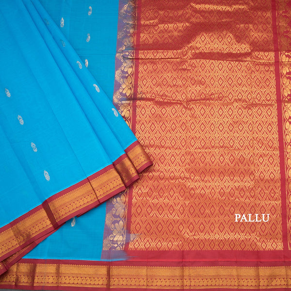 Gadwal Cotton Sky Blue Saree With Zari Buttas And Zari Border Without Blouse