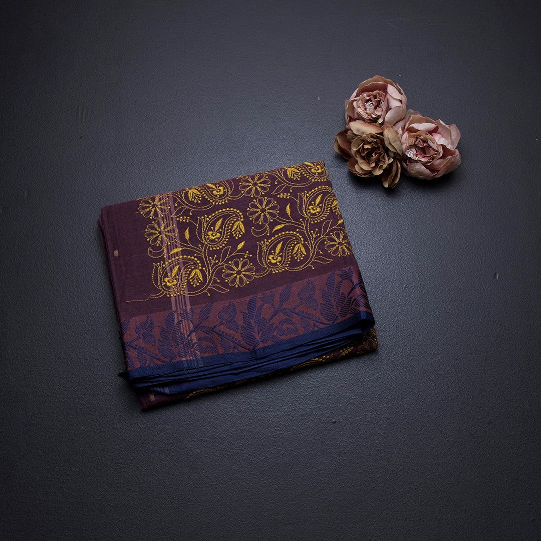 Bengali Cotton Wine Colour Thread Work Saree – Kumaran Silks