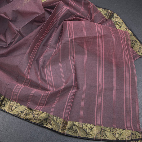 Bengali Cotton Wine Colour Plain Saree With Zari Border