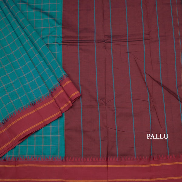 Dharwad Cotton Peacock Blue Checked Saree 02