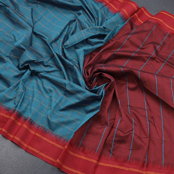 Dharwad Cotton Peacock Blue Checked Saree 02