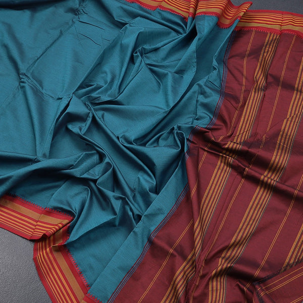 Dharwad Cotton Peacock Blue Plain Saree 03