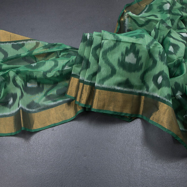 Parrot Green Pochampally Silk Cotton Ikkat Printed Saree 02