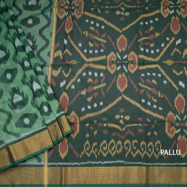 Parrot Green Pochampally Silk Cotton Ikkat Printed Saree 02