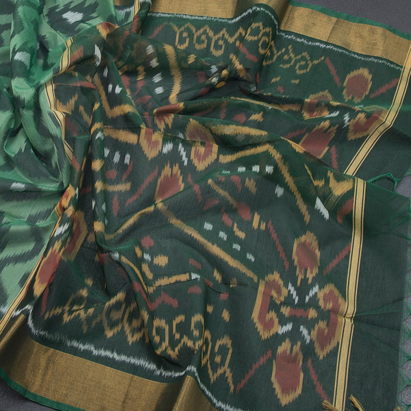 Parrot Green Pochampally Silk Cotton Ikkat Printed Saree 02