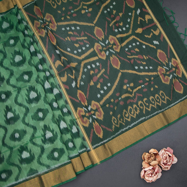 Parrot Green Pochampally Silk Cotton Ikkat Printed Saree 02