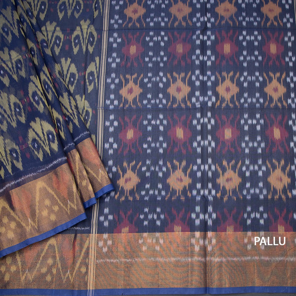 Dark Blue Pochampally Silk Cotton Ikkat Printed Saree 02