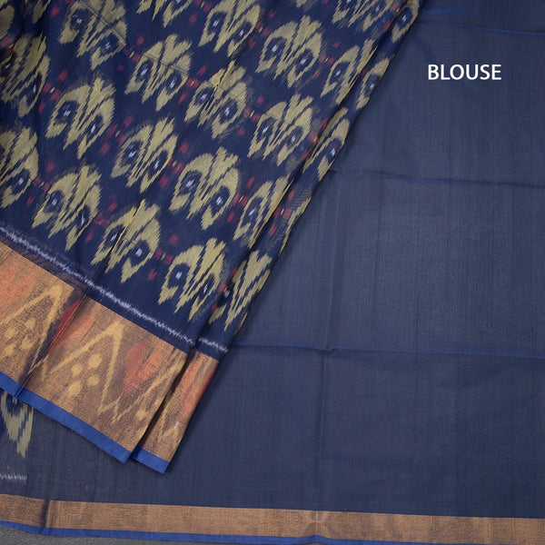 Dark Blue Pochampally Silk Cotton Ikkat Printed Saree 02