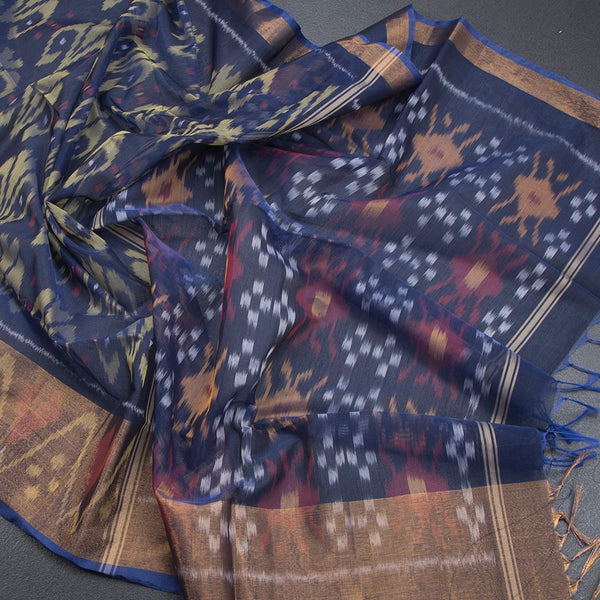 Dark Blue Pochampally Silk Cotton Ikkat Printed Saree 02