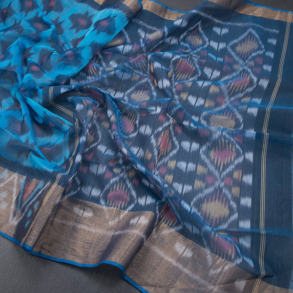 Sky Blue Pochampally Silk Cotton Ikkat Printed Saree 03