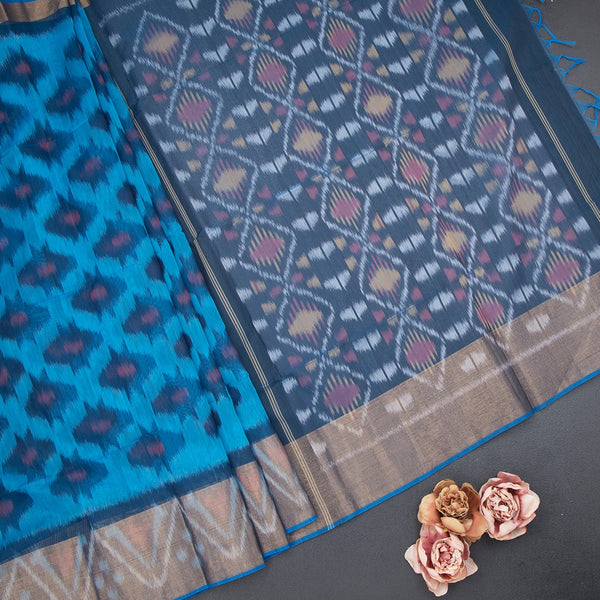Sky Blue Pochampally Silk Cotton Ikkat Printed Saree 03