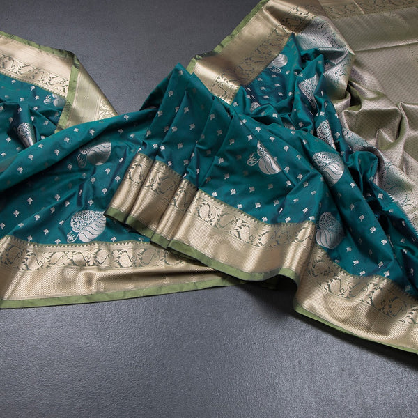 Semi Soft Silk Peacock Green Zari Worked Saree