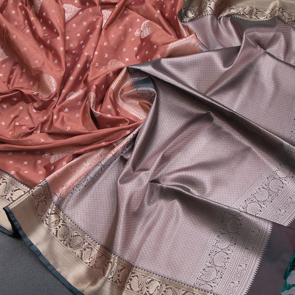 Semi Soft Silk Dark Peach Zari Worked Saree